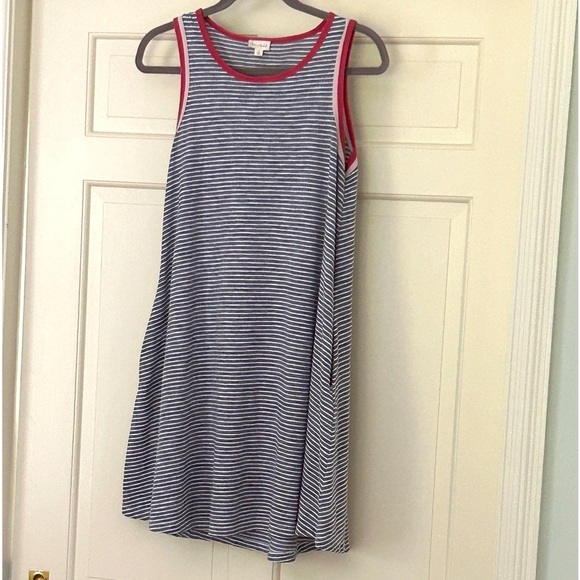 Anthropologie Hem & Thread Dress Small Pockets Striped Gray Red Outline - Picture 1 of 6
